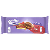 Milka - Choco Jaffa Raspberry Jelly - 147g pack shows sponge cake cookies with raspberry jelly filling and Alpine milk chocolate coating on a purple background.